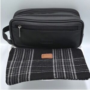 Jet Set Black Faux Leather Dopp Kit & Plaid Zipper Pouch Travel Toiletry Set NEW